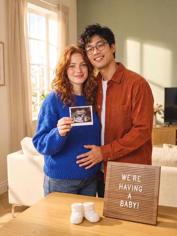 Couple in a sunny living room holding an ultrasound print, a letter board that reads We're having a baby