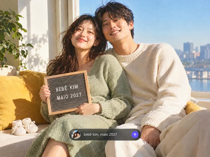 Casal no banco da janela com uma placa de letras que diz Bebê Kim, maio 2027, e a mesma linha numa barra de texto