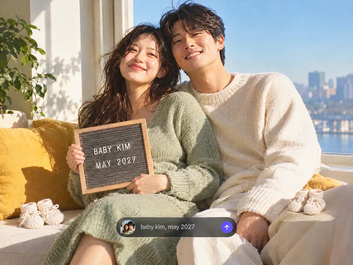 Couple on a window seat with a letter board that reads Baby Kim, May 2027, and the same line in a prompt bar