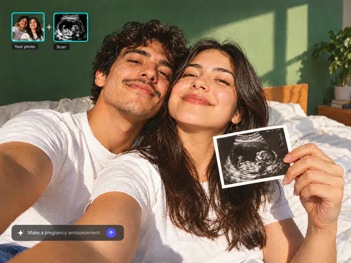 Couple on a bed holding an ultrasound print, their selfie and the scan in two insets