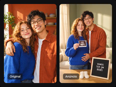 A foto original do casal ao lado do anúncio com a placa de letras