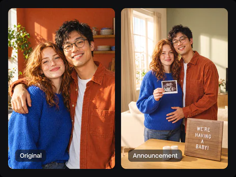 The original couple photo next to the announcement with the letter board