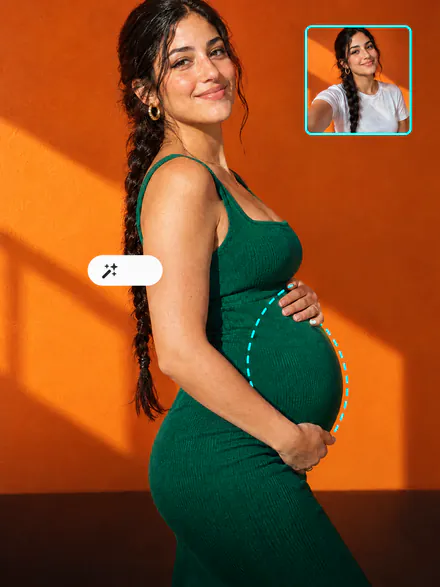 Mulher grávida num vestido verde-esmeralda, a selfie dela sem barriga num quadro menor