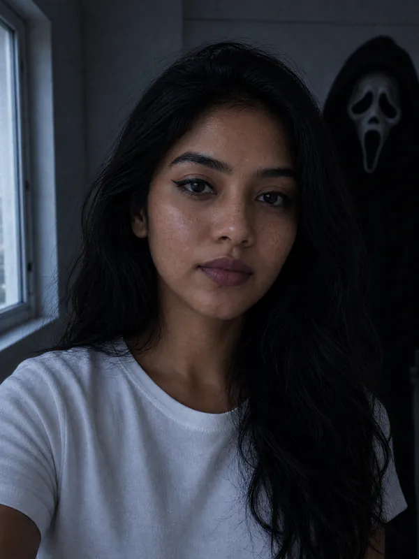 The same selfie of a woman in a white T-shirt, now darker, with Ghostface standing behind her shoulder