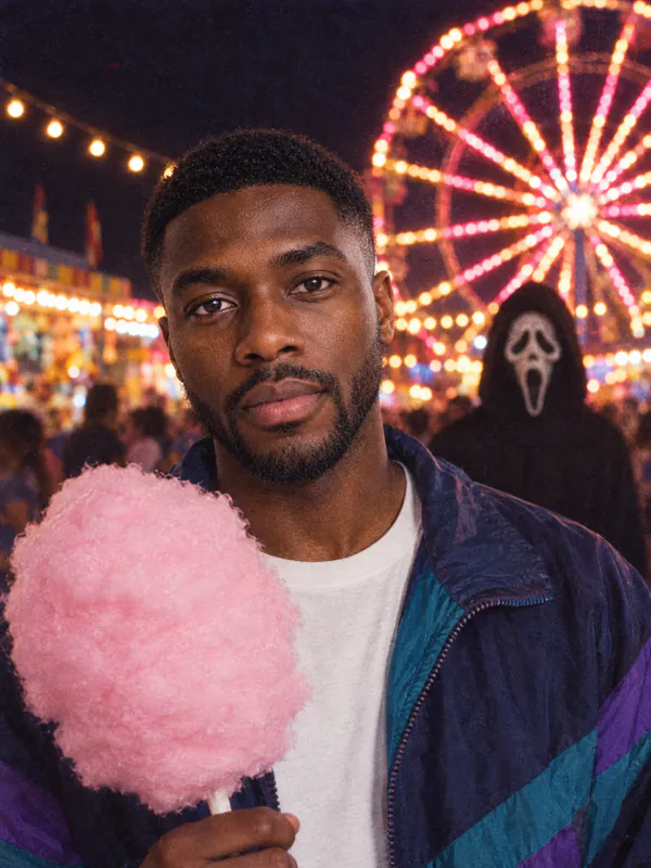 Man with pink cotton candy at a night carnival, a ferris wheel behind him and Ghostface standing in the crowd
