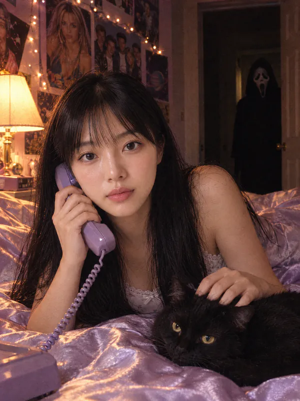 Woman on lavender satin bedding with a 90s phone and a black cat, Ghostface watching from the doorway