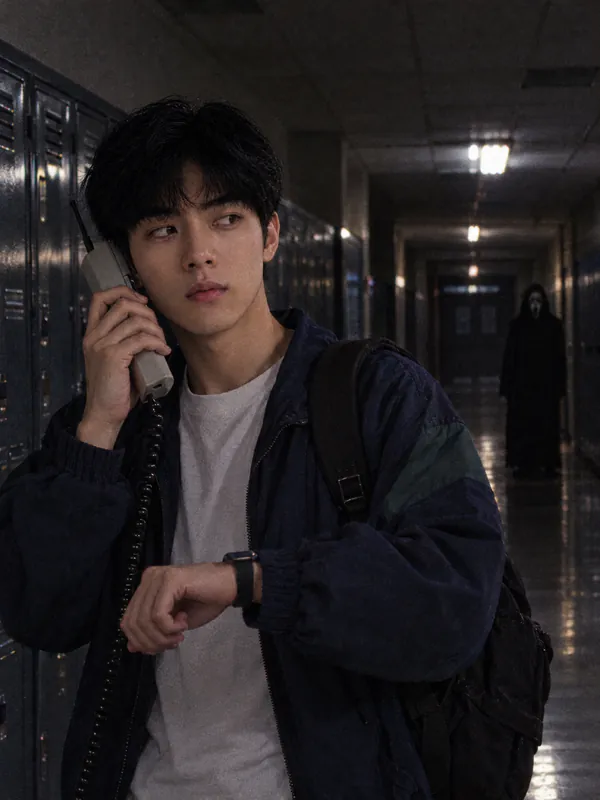 Young man on a 90s phone in a dark school hallway with lockers, Ghostface far down the hall