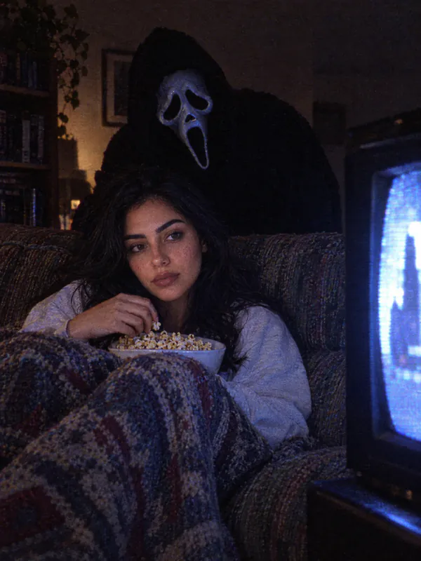 Woman with popcorn under a blanket watching a horror movie on a 90s TV, Ghostface leaning over the couch behind her