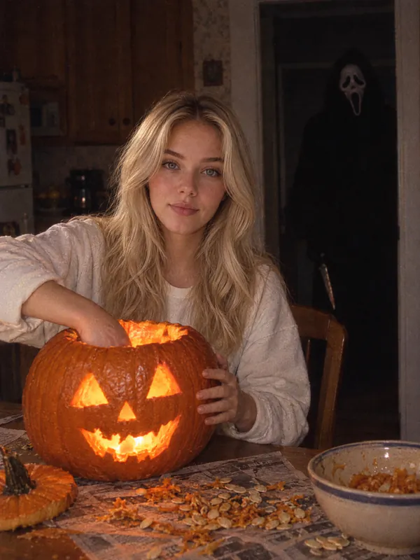 Blonde woman carving a glowing jack-o'-lantern at a kitchen table, Ghostface in the dark doorway behind her