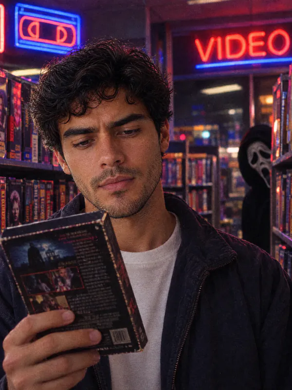 Man reading a VHS horror tape in a neon-lit 90s video store while Ghostface peeks from behind the shelves