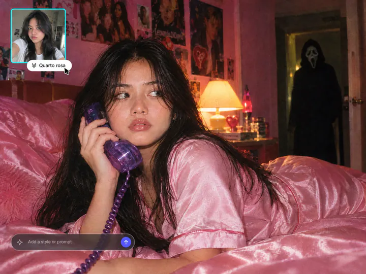 Mulher de pijama de cetim rosa numa cama rosa com um telefone roxo dos anos 90, o Ghostface na porta, a selfie do dia a dia num quadro menor e o botão Quarto rosa