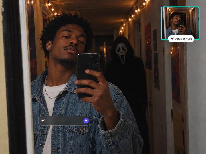 Homem tirando uma selfie no espelho num corredor de festa com o Ghostface atrás dele, a mesma selfie sem o Ghostface num quadro menor e o botão Atrás de você