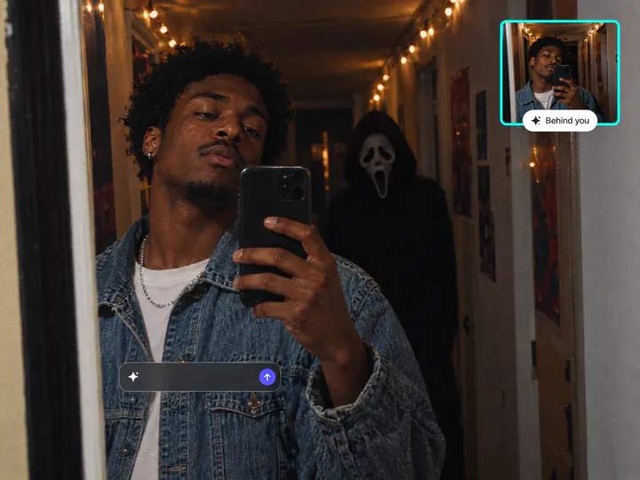 Man taking a mirror selfie in a hallway at a party with Ghostface behind him, the same selfie without Ghostface in an inset and a Behind you button