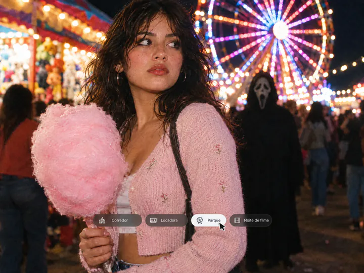 Mulher com algodão-doce rosa num parque de diversões à noite com o Ghostface no meio do público, com os botões Corredor, Locadora, Parque e Noite de filme