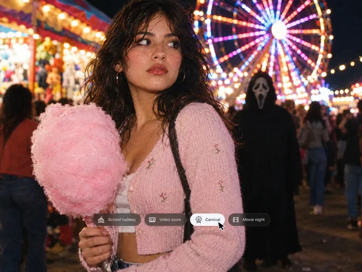 Woman with pink cotton candy at a night carnival with Ghostface in the crowd, with School hallway, Video store, Carnival and Movie night buttons