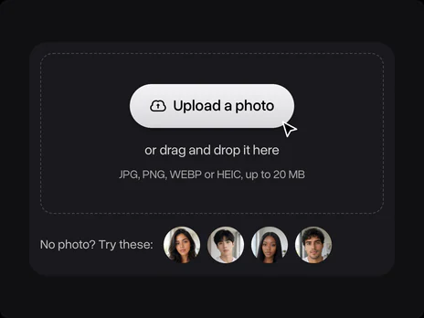 Upload a photo zone with four sample selfies under it