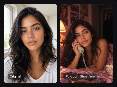 A selfie original ao lado da mesma mulher numa cama rosa com o Ghostface na porta