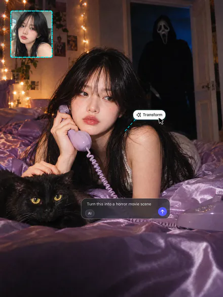 Woman on lavender satin bedding with a 90s phone and a black cat, Ghostface in the doorway, her selfie in an inset