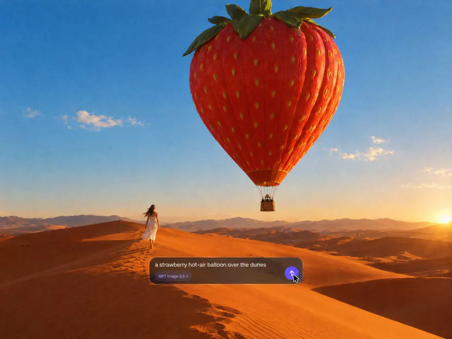 A strawberry hot-air balloon over desert dunes, generated from the prompt shown in the bar