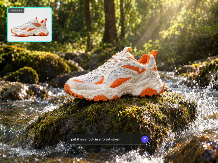 A sneaker placed on a mossy rock in a forest stream from a plain product photo