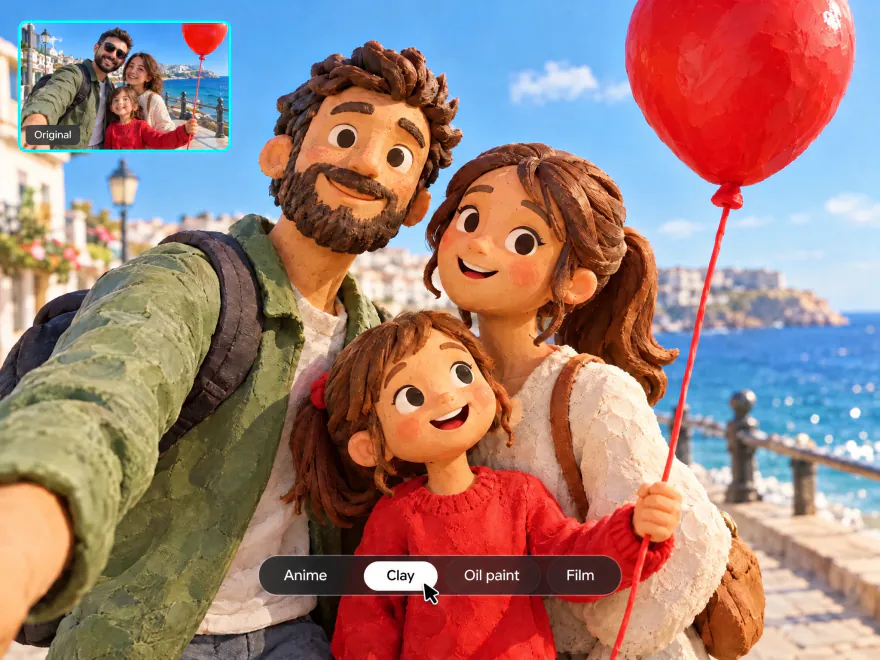 A family photo turned into a claymation scene with the Clay style selected