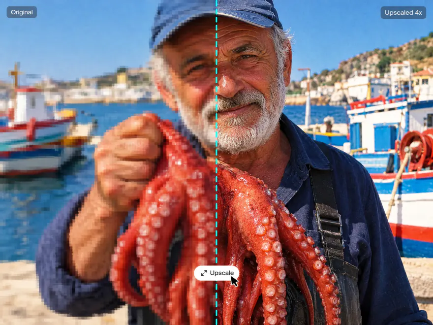 A fisherman photo split down the middle: pixelated original on the left, upscaled 4x on the right