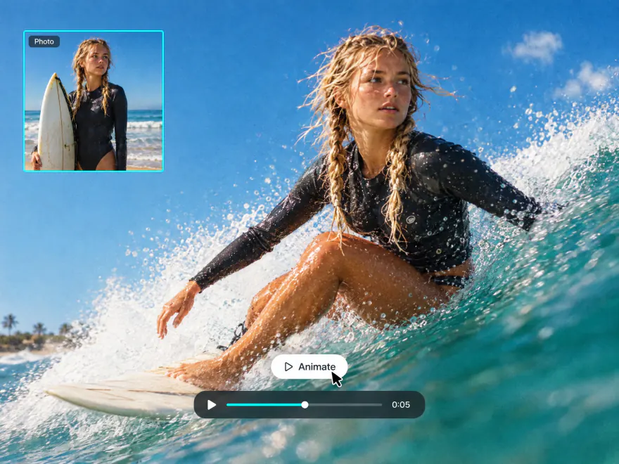 A surfer riding a wave, a video animated from her still beach photo