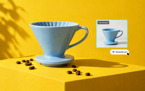 A pastel-blue ceramic coffee dripper on a yellow plinth, generated from a plain product photo of the same dripper