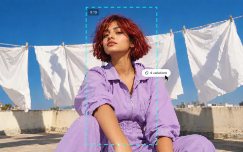 A woman with a red bob in a lilac jumpsuit on a sunny rooftop, framed for a vertical 9:16 post