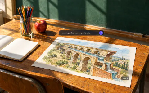 A watercolor illustration of a Roman aqueduct printed for a lesson, on a school desk by a green chalkboard