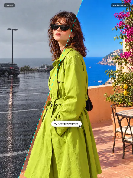 Woman in a lime trench coat: rainy parking lot on the left of a dashed line, sunny Mediterranean terrace on the right
