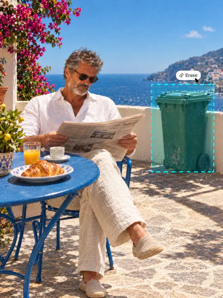 Man reading a newspaper on a seaside terrace, a green trash bin selected for erasing