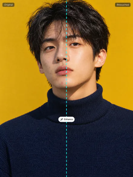 Portrait split down the middle: original skin on the left, retouched on the right