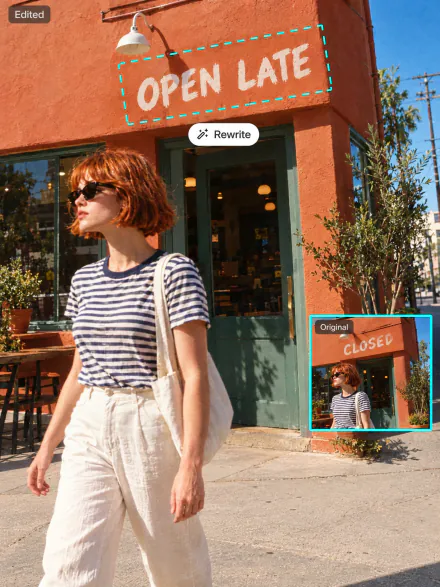 Cafe sign rewritten from CLOSED to OPEN LATE in the same hand-painted style