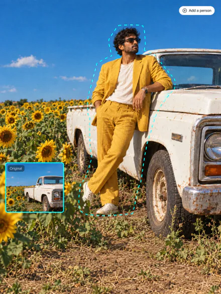 Man in a mustard suit added next to a white pickup in a sunflower field, original without him in the inset