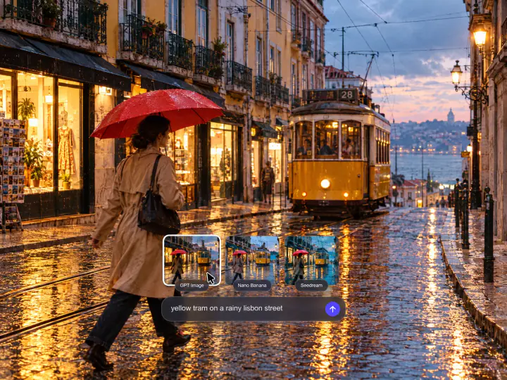 A yellow tram on a rainy Lisbon street at dusk with three versions from GPT Image, Nano Banana and Seedream above the prompt