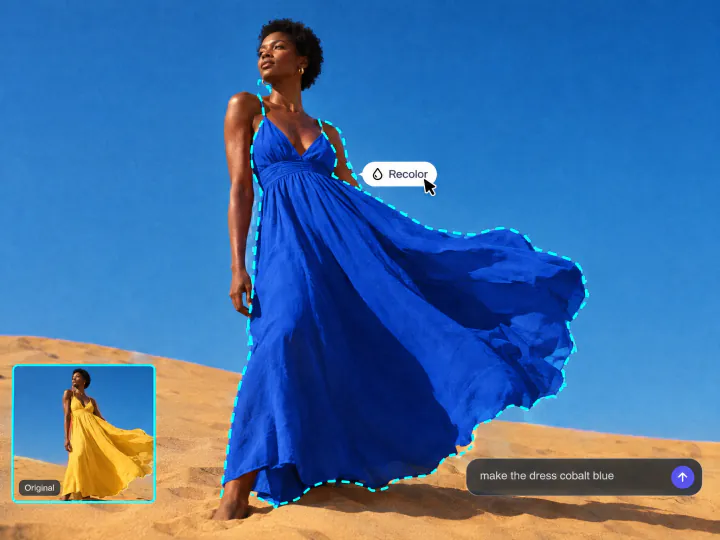 Woman on a sand dune with the dress selected and recolored from yellow to cobalt blue by a prompt