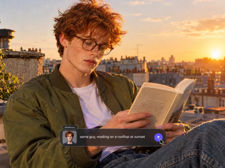 A red-haired young man in glasses reading on a rooftop at sunset, generated from his reference photo