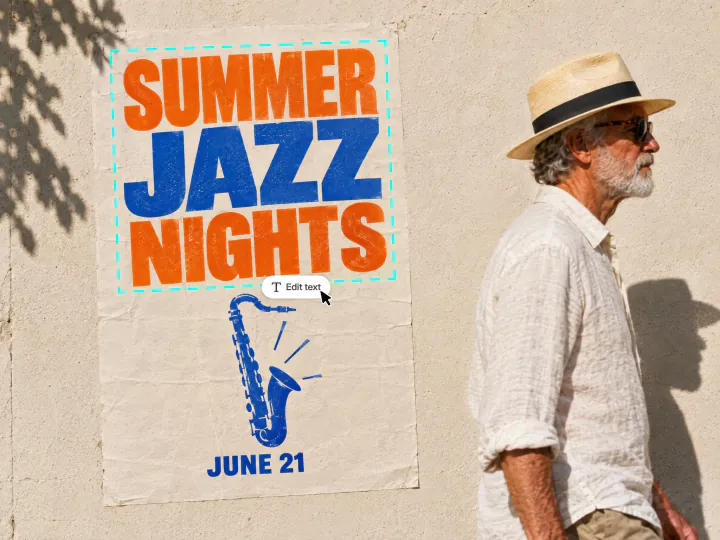 A street poster reading Summer Jazz Nights, June 21, with the headline selected for text editing