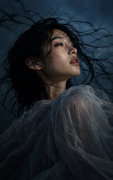 Young woman with wet dark hair looking up, wrapped in sheer pale fabric in deep blue light