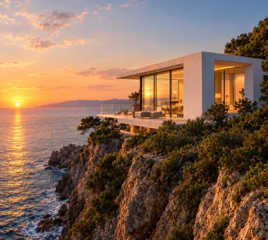 White modern house with glass walls on a rocky cliff above the sea at sunset