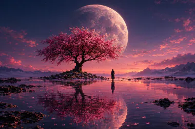 Pink blossoming tree on a tiny island under a huge moon, a lone figure in shallow water