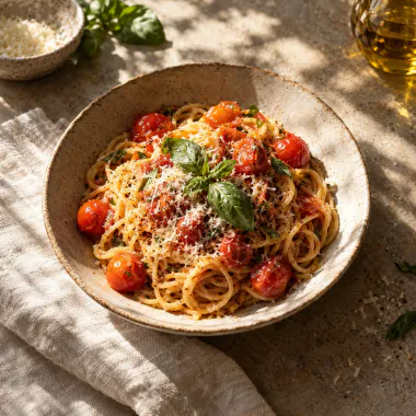 Spaghetti with cherry tomatoes, basil and parmesan in a ceramic bowl in warm window light