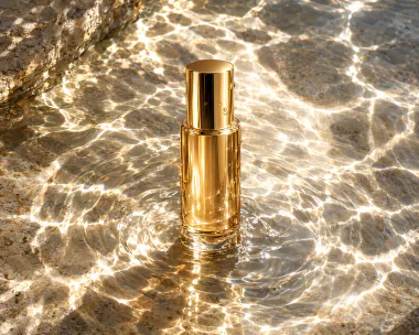 Gold perfume bottle standing in clear shallow water with shimmering sunlight