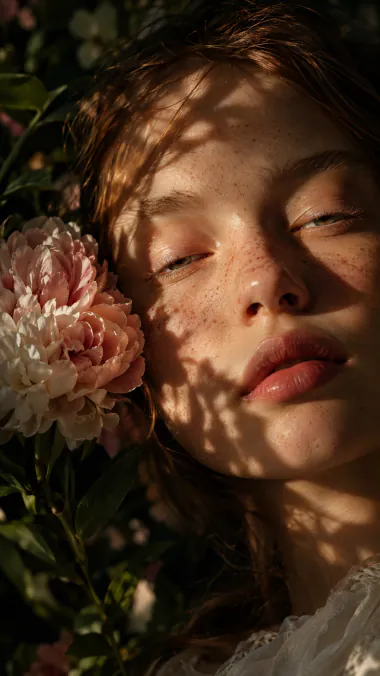 Close-up of a freckled young woman with closed eyes beside a pink peony in dappled sunlight