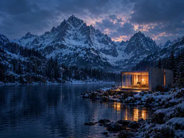 Snowy mountain peak above a still lake with a small glass cabin glowing on the shore at blue hour