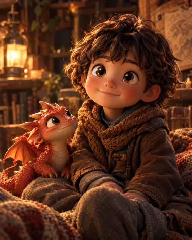 3D animated boy with curly hair sitting with a baby red dragon in a cozy library