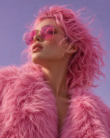 Woman with fluffy pink hair, pink sunglasses and a pink faux-fur coat on a lilac background