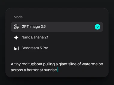 The model menu with GPT Image 2.5 picked over a prompt about a tugboat pulling a giant watermelon