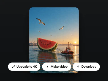 A red tugboat pulling a giant watermelon slice across a harbor, with Upscale to 4K, Make video and Download buttons